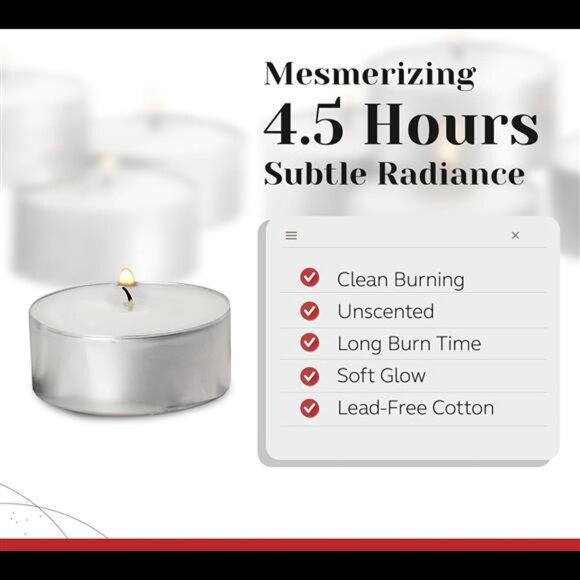 Tea Light Candles in Metal Cups - 4.5 Hours Clean, Long Burning White Unscented - Picture 3 of 7